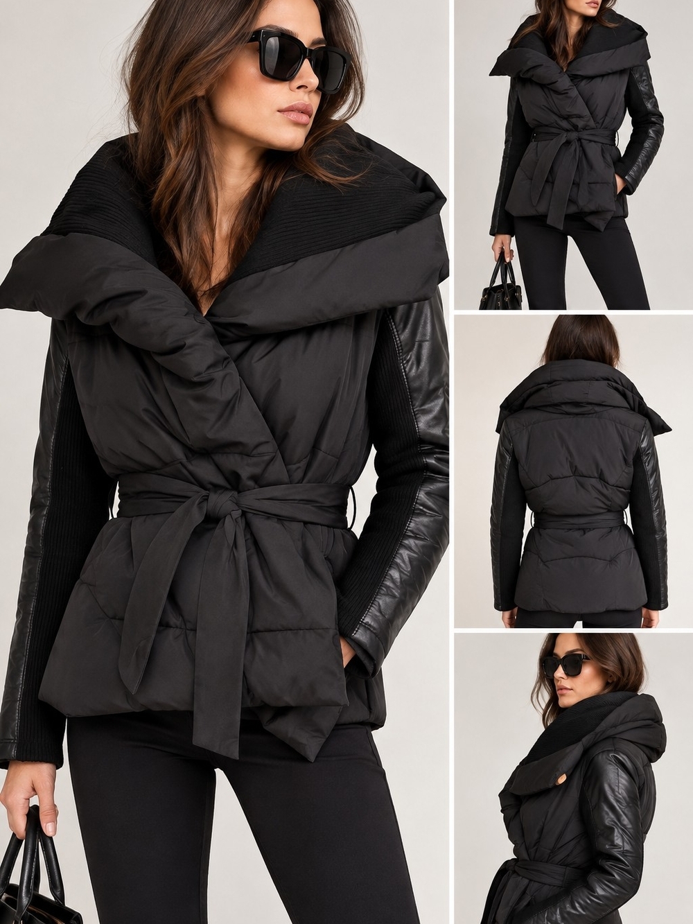 Women’s Black Belted Puffer Coat with Leather Sleeves